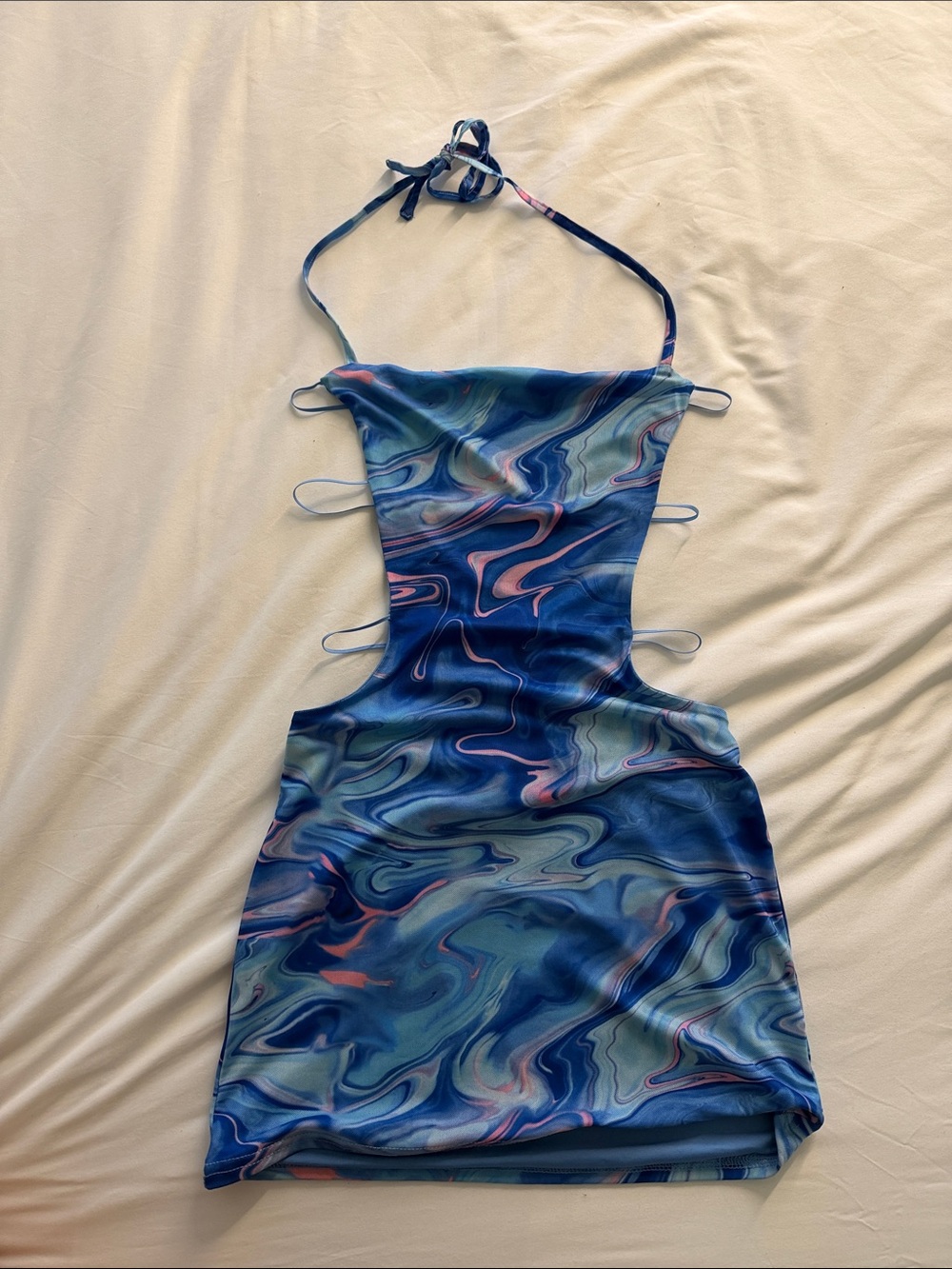 Blue Marble Halter Cutout Mini Dress